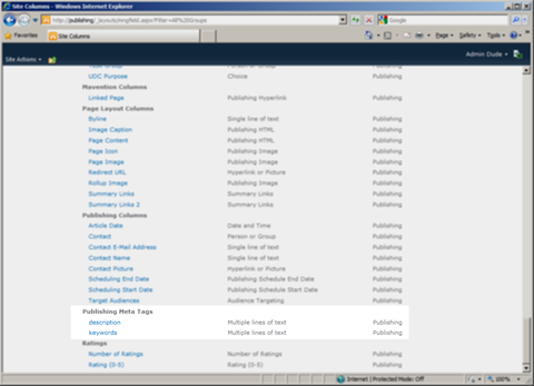 description and keywords Site Columns in the Publishing Meta Tags group