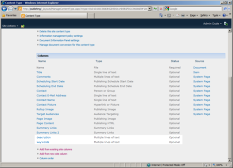description and keywords Site Columns added to the Welcome Page Content Type