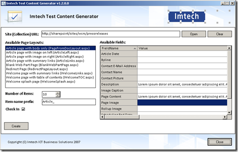 Generating test content using the Imtech Test Content Generator