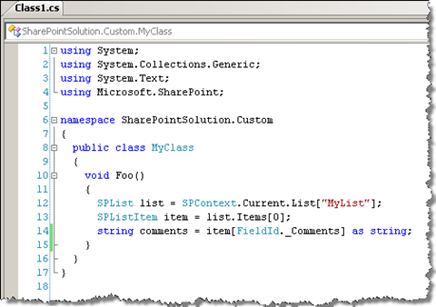 Using custom SPBuiltInFieldId class in custom code