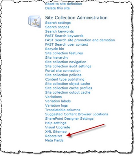 The ‘Robots.txt’ menu item in the ‘Site Collection Administration’ section