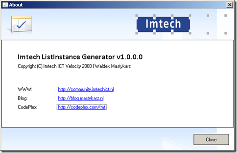 Imtech ListInstance Generator: About dialog