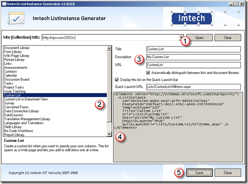 Imtech ListInstance Generator interface screenshot