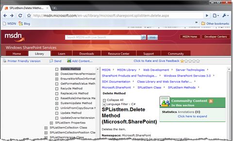 SPListItem.Delete information page @ MSDN