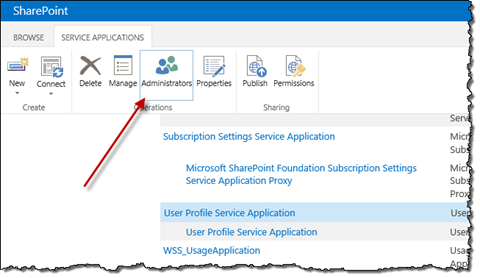 Administrators button highlighted in the Manage service applications page