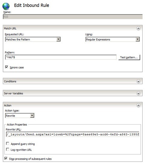 URL Rewrite rule for rewriting the short RSS URL on mavention.nl to the URL generated by the Content Query Web Part.