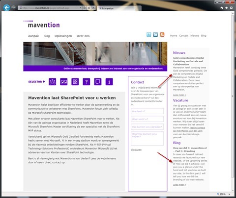 Mavention.nl home page with Nieuws and Blog sections marked.