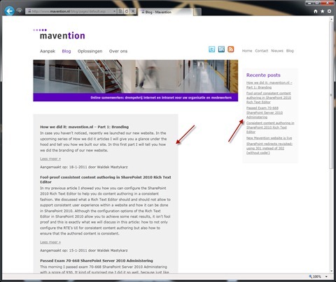 Mavention.nl blog home page with arrows pointing to two dynamic content aggregations.