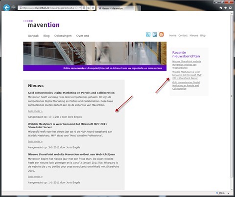 Mavention.nl news section home page with arrows pointing to two dynamic content aggregations.