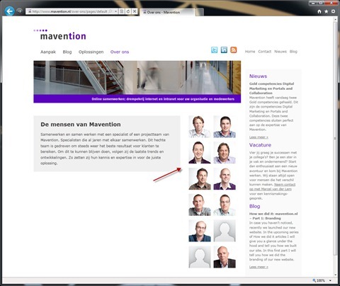 Mavention.nl About us home page with arrow pointing to the overview of Mavens.