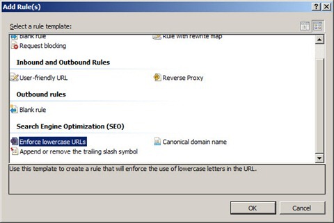 ‘Enforce lowercase URLs’ template selected in the Add Rule window.