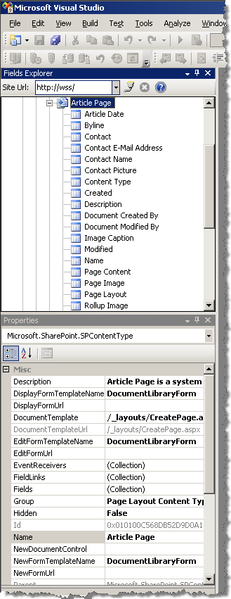 Exploring properties of a Content Types using the integrated Properties pane