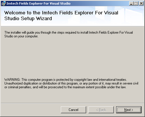 Imtech Fields Explorer for Visual Studio 2008 installer screen