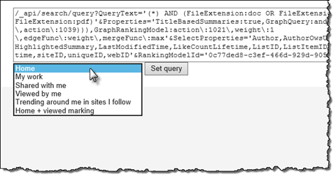 Delve Home query displayed in Mavention Office Graph Query tester