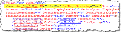 Markup of the standard SharePoint menu replaced with the Mavention Simple Menu markup. The UseSimpleRendering attribute is set to true.