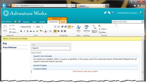 Search Core Results, Search Paging and Content Editor Web Parts added to a Publishing Page in SharePoint 2010