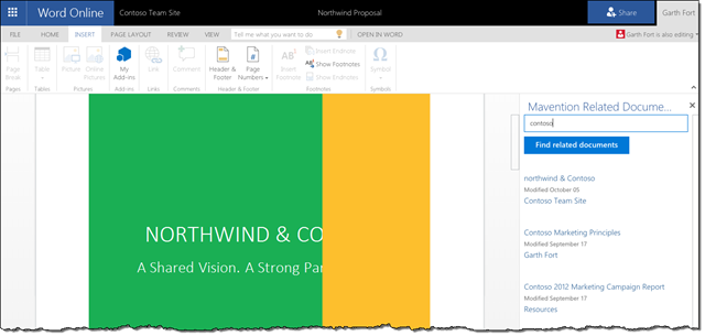 Documents similar to the one being currently edited displayed in the taskpane in Word Online