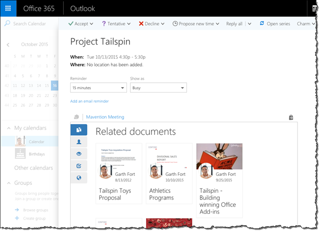 Documents related to a meeting displayed in Outlook on the web