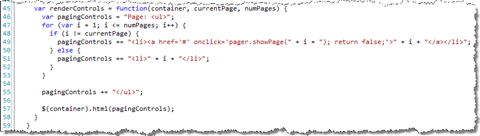 render controls JavaScript function which renders the paging controls