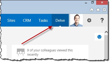 Delve link highlighted in Office 365 suite bar