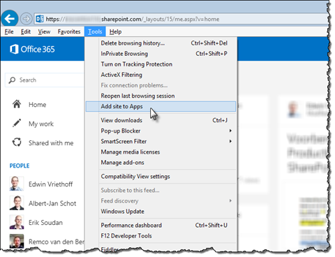 The ‘Add site to Apps’ option highlighted in Internet Explorer
