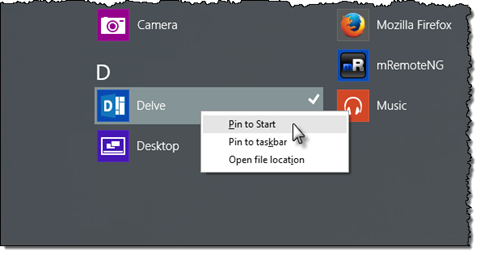 The ‘Pin to Start’ option highlighted in the context menu of the Delve app icon