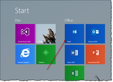 Delve pinned on the Windows Start screen