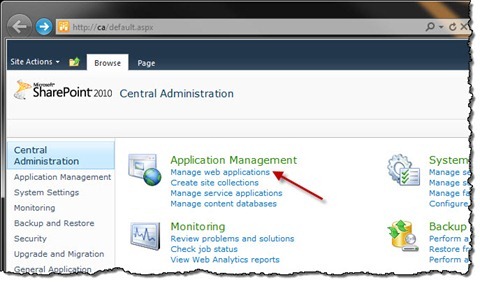 The ‘Manage web applications’ option highlighted in Central Administration