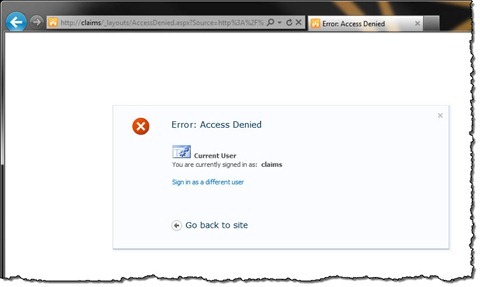 The ‘Access Denied’ page displayed to a claims-authenticated visitor after browsing to a system page