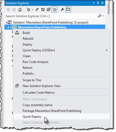 The ‘Quick Deploy’ menu option highlighted in the SharePoint project context menu