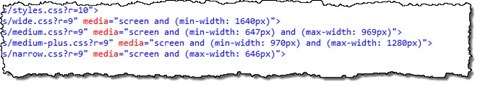 Responsive web design breakpoints defined in the HTML source of the mavention.com website