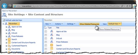 The ‘Show Related Resources’ button highlighted in the Content and Structure Manager