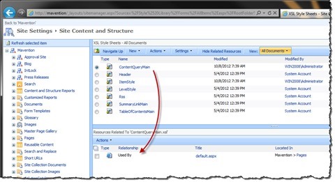 Overview of related resources for the ContentQueryMain.xsl file