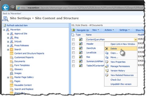 The ‘Delete’ option highlighted in the Content and Structure Manager