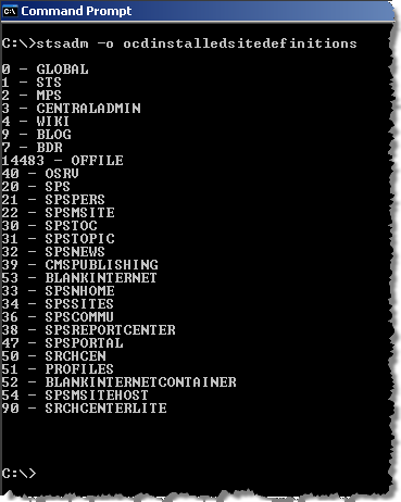 Overview of installed Site Definitions generated by OCDInstalledSiteDefinitions custom STSADM command