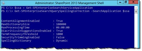 Standard SharePoint 2013 Search query spelling suggestions configuration displayed in PowerShell