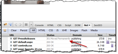 Firebug shows permanent redirect when requesting a subsite using a URL with trailing slash.