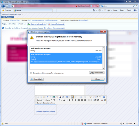 Screenshot with a JavaScript error which appears while editing text in the SharePoint Rich Text Editor in Internet Explorer 8