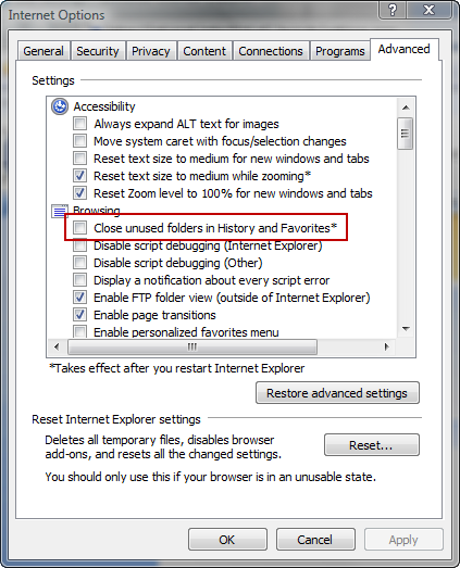 Configuring Internet Explorer advanced settings to keep it from closing unused folders in Favorites