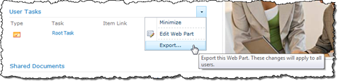 Export… menu item highlighted in the context menu of the User Tasks Web Part.