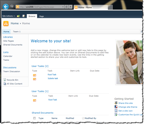 SharePoint 2010 Team Site with two User Tasks Web Parts. The first displays two tasks, the second one displays one task.