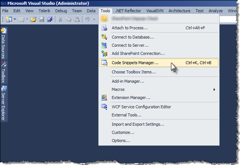 Code Snippets Manager menu option highlighted in Visual Studio 2010