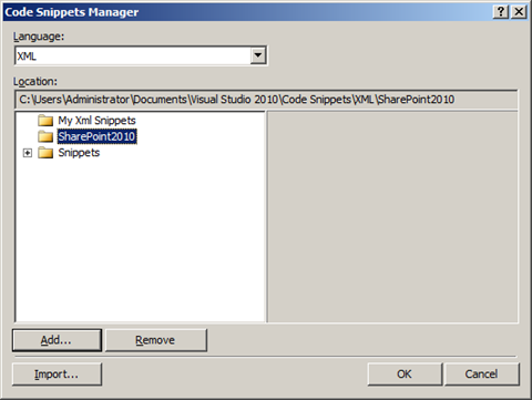SharePoint 2010 folder in the list of locations that contain XML Code Snippets