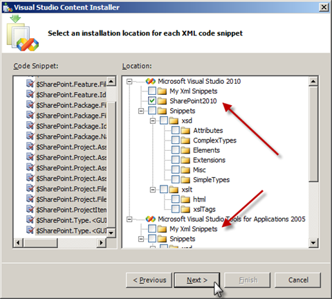 Selecting the location where the XML snippets will be installed