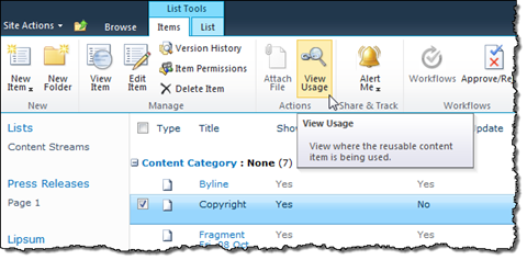 A reusable content block selected in the Reusable Content List. The View Usage button is enabled