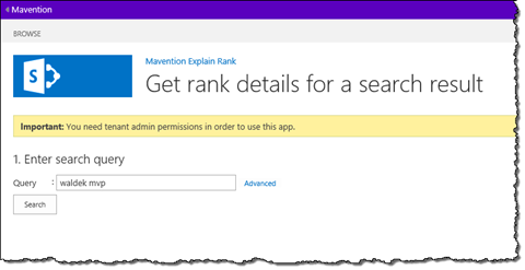 Entering search query in the Mavention Explain Rank App