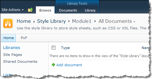 Empty Module1 folder provisioned by using the Module Manifest generated by the Visual Studio 2010 SharePoint Developer Tools