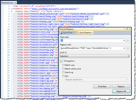 Adding the missing attributes to all File entries using the Find & Replace functionality