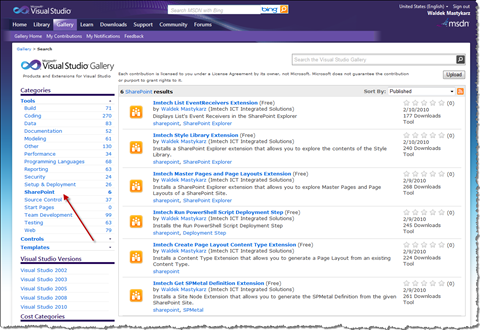 SharePoint Tools category on the Visual Studio Gallery