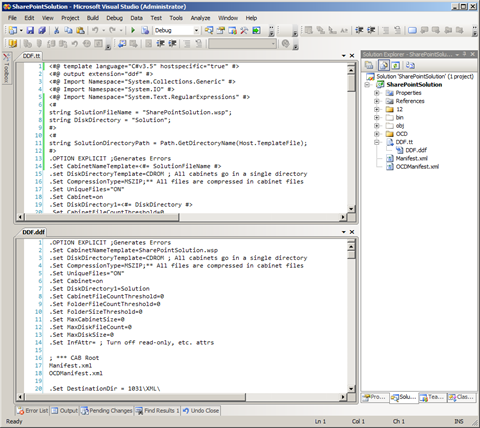 Visual Studio with at the top the DDF T4 template, below it the generated DDF file and on the right the structure of the SharePoint Solution project